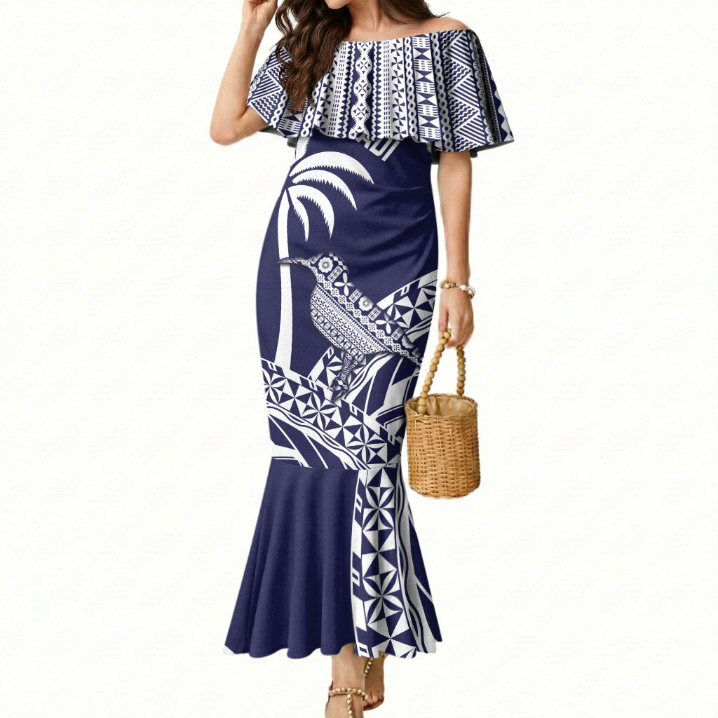 Nadi Fiji 2026 Rugby Custom Mermaid Dress Kikau Fijian Tapa Pattern LT14 Women Navy Blue - Polynesian Pride