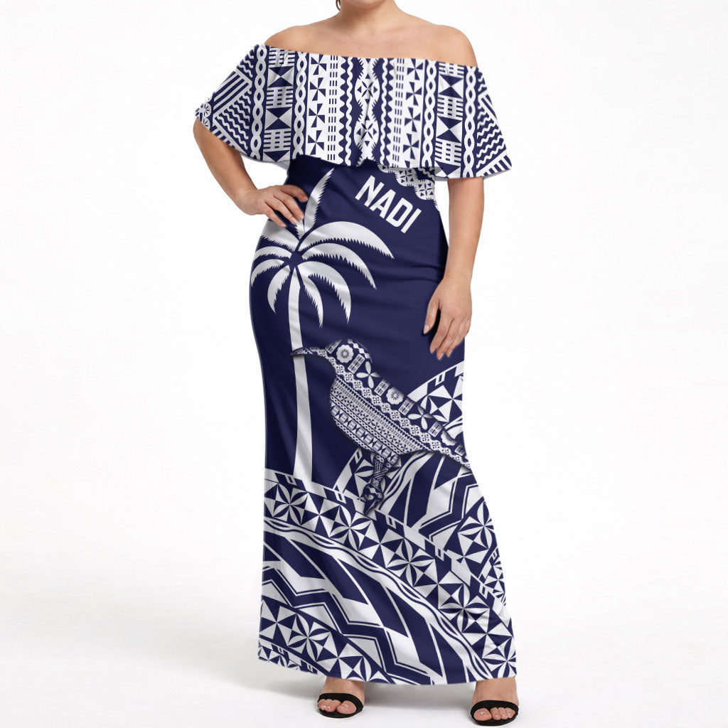 Nadi Fiji 2026 Rugby Custom Off Shoulder Maxi Dress Kikau Fijian Tapa Pattern LT14 Women Navy Blue - Polynesian Pride