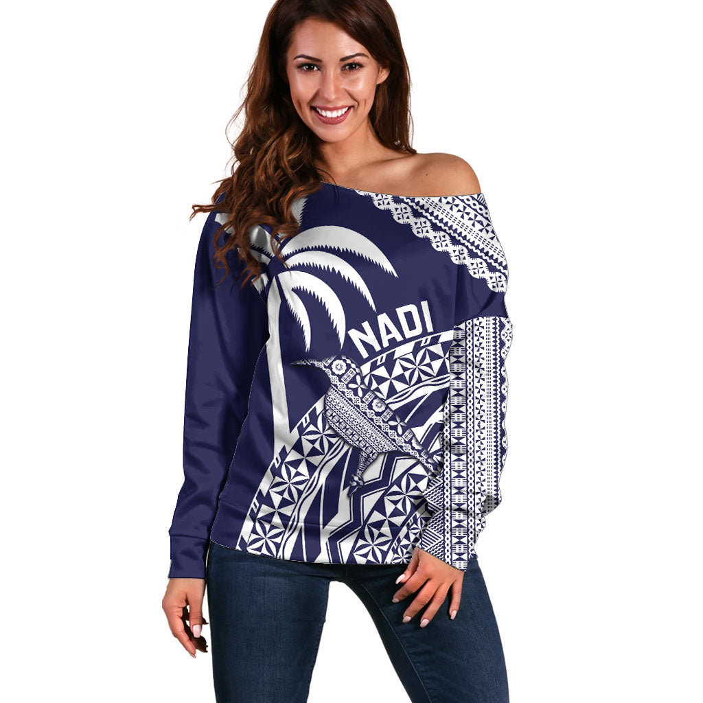 Nadi Fiji 2026 Rugby Custom Off Shoulder Sweater Kikau Fijian Tapa Pattern LT14 Women Navy Blue - Polynesian Pride