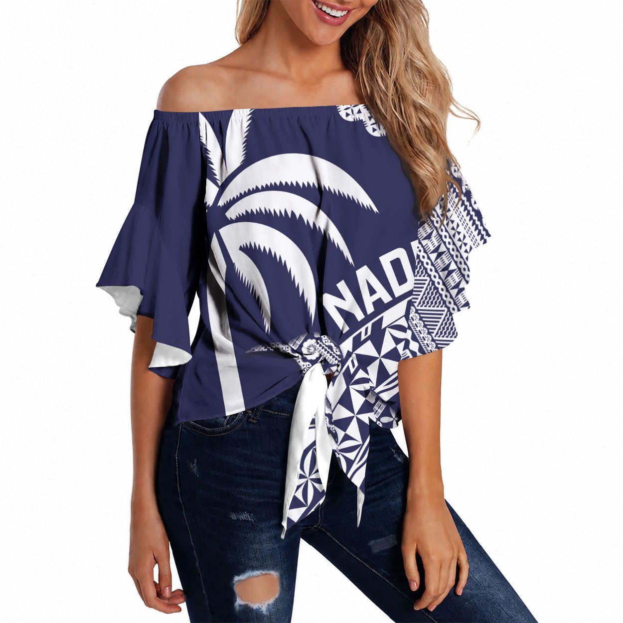 Nadi Fiji 2026 Rugby Custom Off Shoulder Wrap Waist Top Kikau Fijian Tapa Pattern LT14 Navy Blue - Polynesian Pride