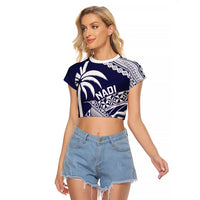 Nadi Fiji 2026 Rugby Custom Raglan Cropped T Shirt Kikau Fijian Tapa Pattern LT14 Female Navy Blue - Polynesian Pride