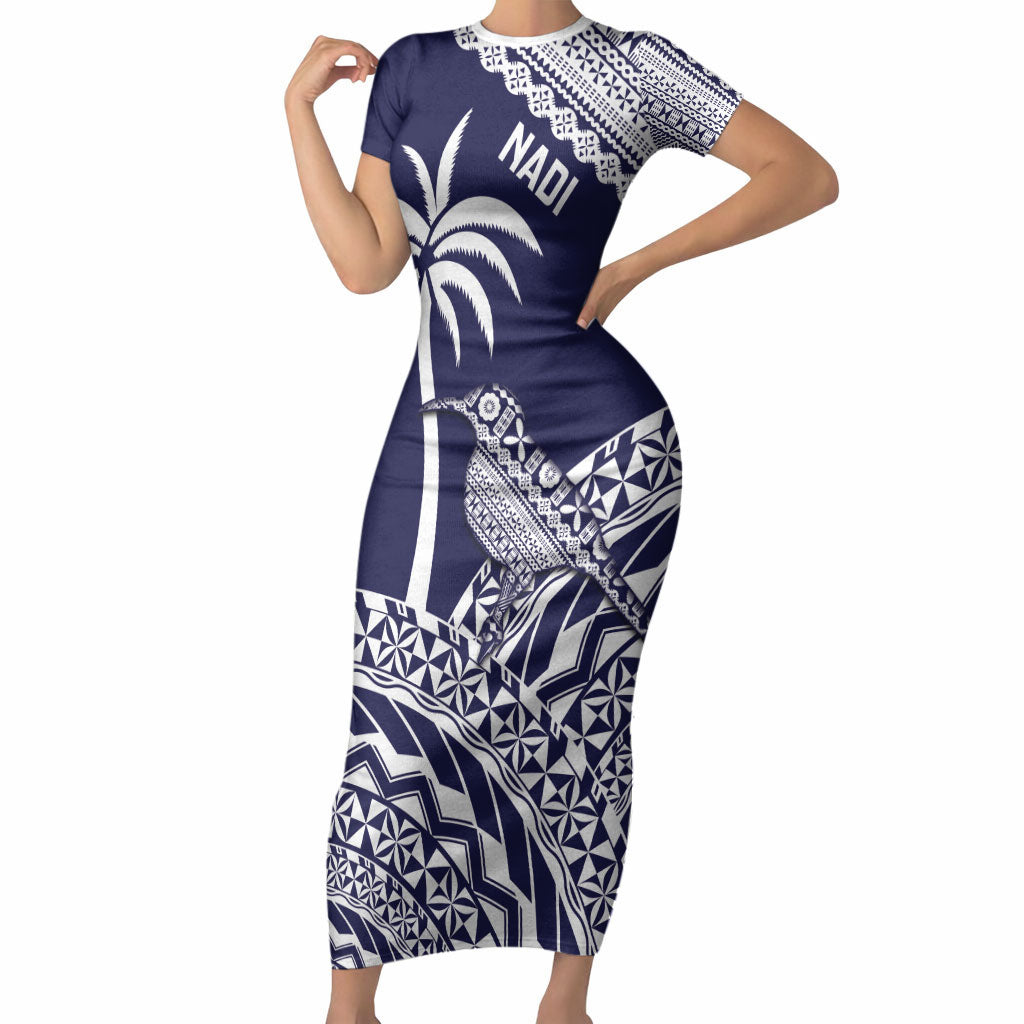 Nadi Fiji 2026 Rugby Custom Short Sleeve Bodycon Dress Kikau Fijian Tapa Pattern LT14 Long Dress Navy Blue - Polynesian Pride