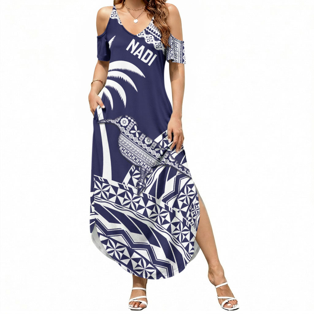 Nadi Fiji 2026 Rugby Custom Summer Maxi Dress Kikau Fijian Tapa Pattern LT14 Women Navy Blue - Polynesian Pride