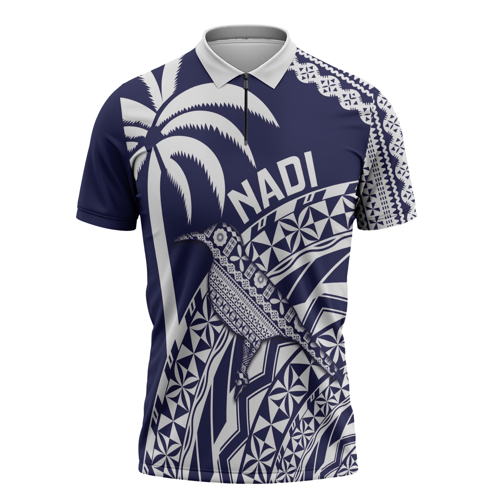 Nadi Fiji 2026 Rugby Custom Zipper Polo Shirt Kikau Fijian Tapa Pattern LT14 Navy Blue - Polynesian Pride
