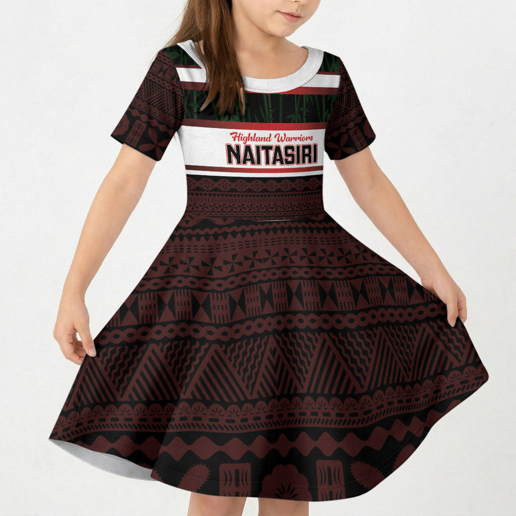 Naitasiri Fiji 2026 Rugby Custom Kid Short Sleeve Dress Highland Warriors Fijian Tapa Pattern LT14 KID Black - Polynesian Pride