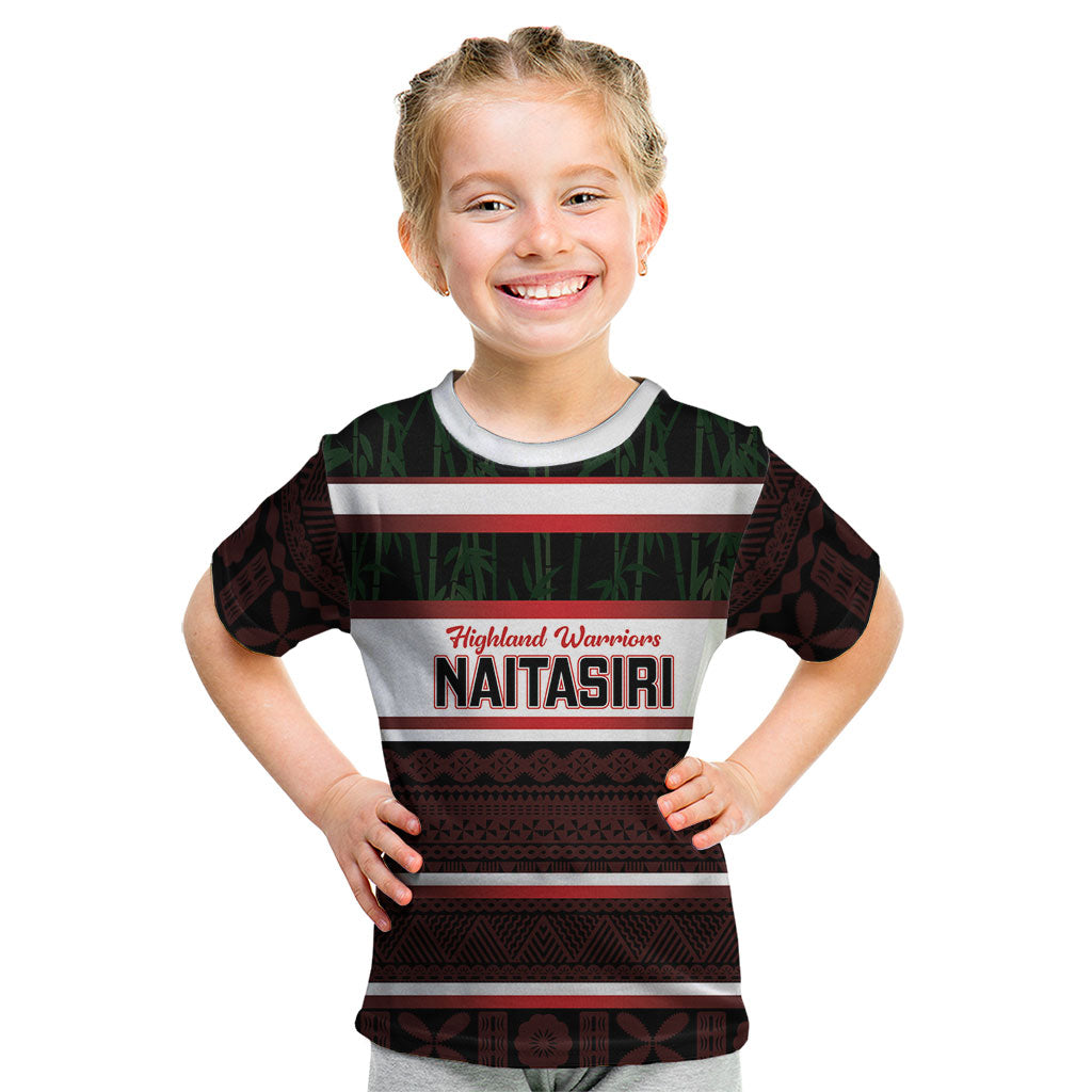 Naitasiri Fiji 2026 Rugby Custom Kid T Shirt Highland Warriors Fijian Tapa Pattern LT14 Black - Polynesian Pride