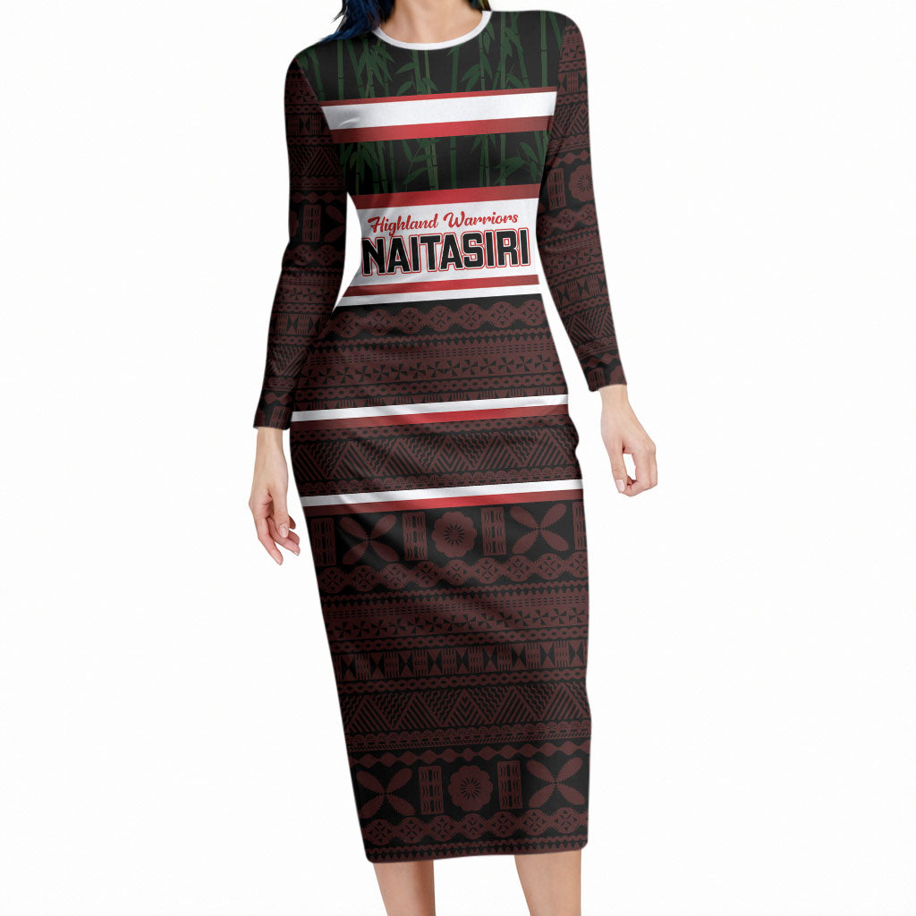 Naitasiri Fiji 2026 Rugby Custom Long Sleeve Bodycon Dress Highland Warriors Fijian Tapa Pattern LT14 Long Dress Black - Polynesian Pride