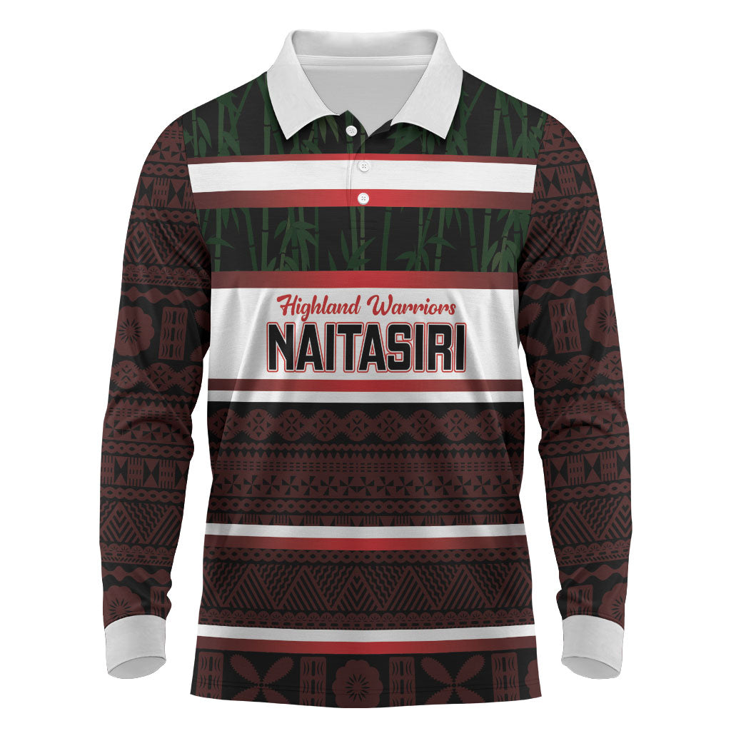 Naitasiri Fiji 2026 Rugby Custom Long Sleeve Polo Shirt Highland Warriors Fijian Tapa Pattern LT14 Black - Polynesian Pride