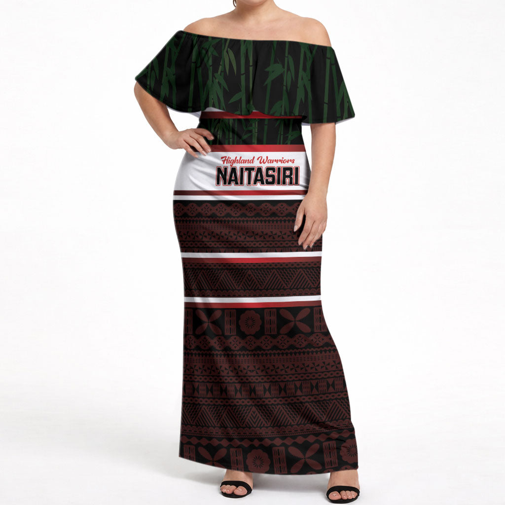 Naitasiri Fiji 2026 Rugby Custom Off Shoulder Maxi Dress Highland Warriors Fijian Tapa Pattern LT14 Women Black - Polynesian Pride