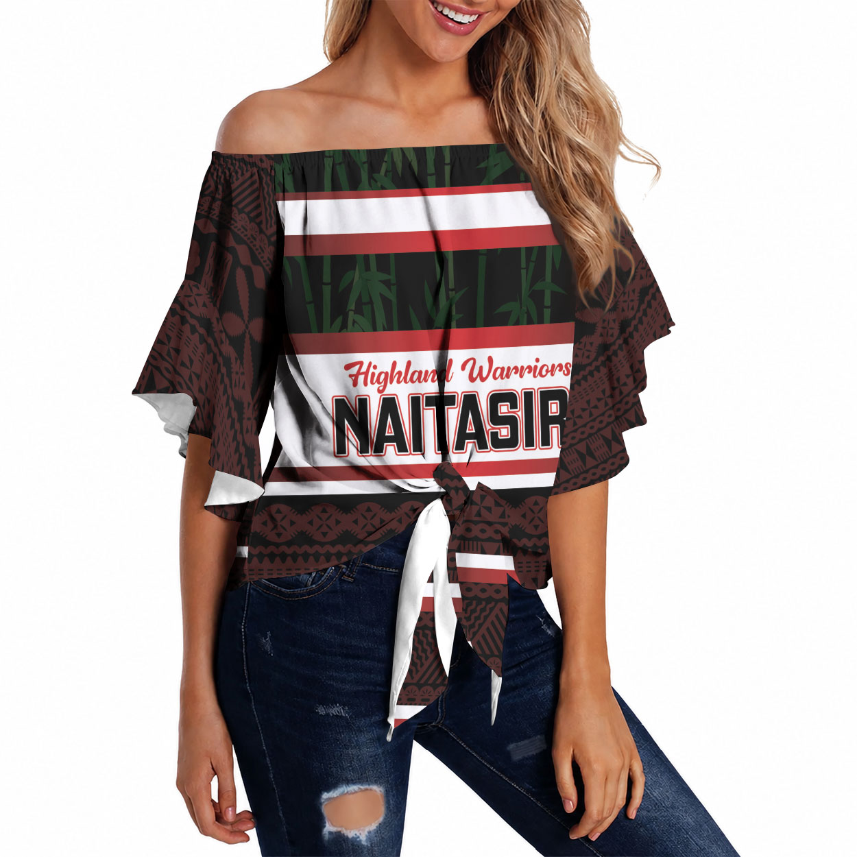 Naitasiri Fiji 2026 Rugby Custom Off Shoulder Wrap Waist Top Highland Warriors Fijian Tapa Pattern LT14 Black - Polynesian Pride