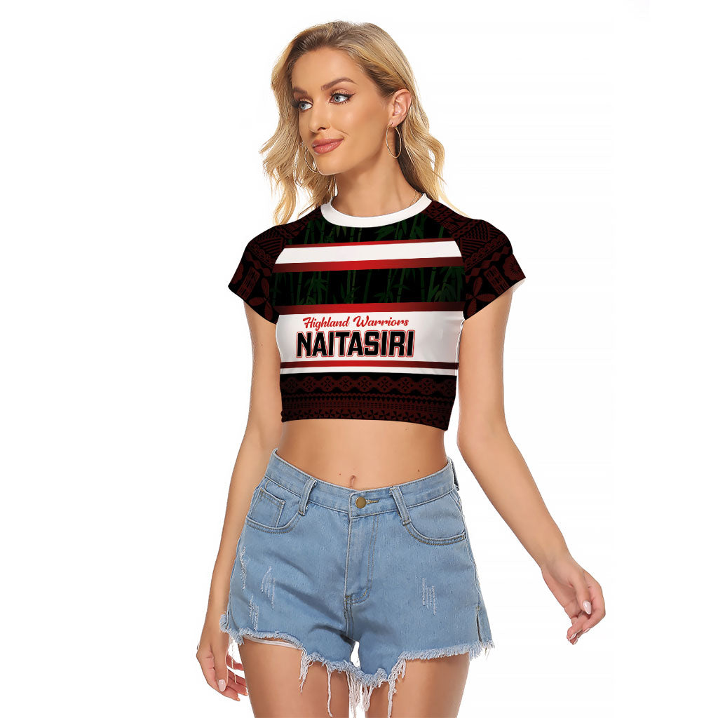 Naitasiri Fiji 2026 Rugby Custom Raglan Cropped T Shirt Highland Warriors Fijian Tapa Pattern LT14 Female Black - Polynesian Pride