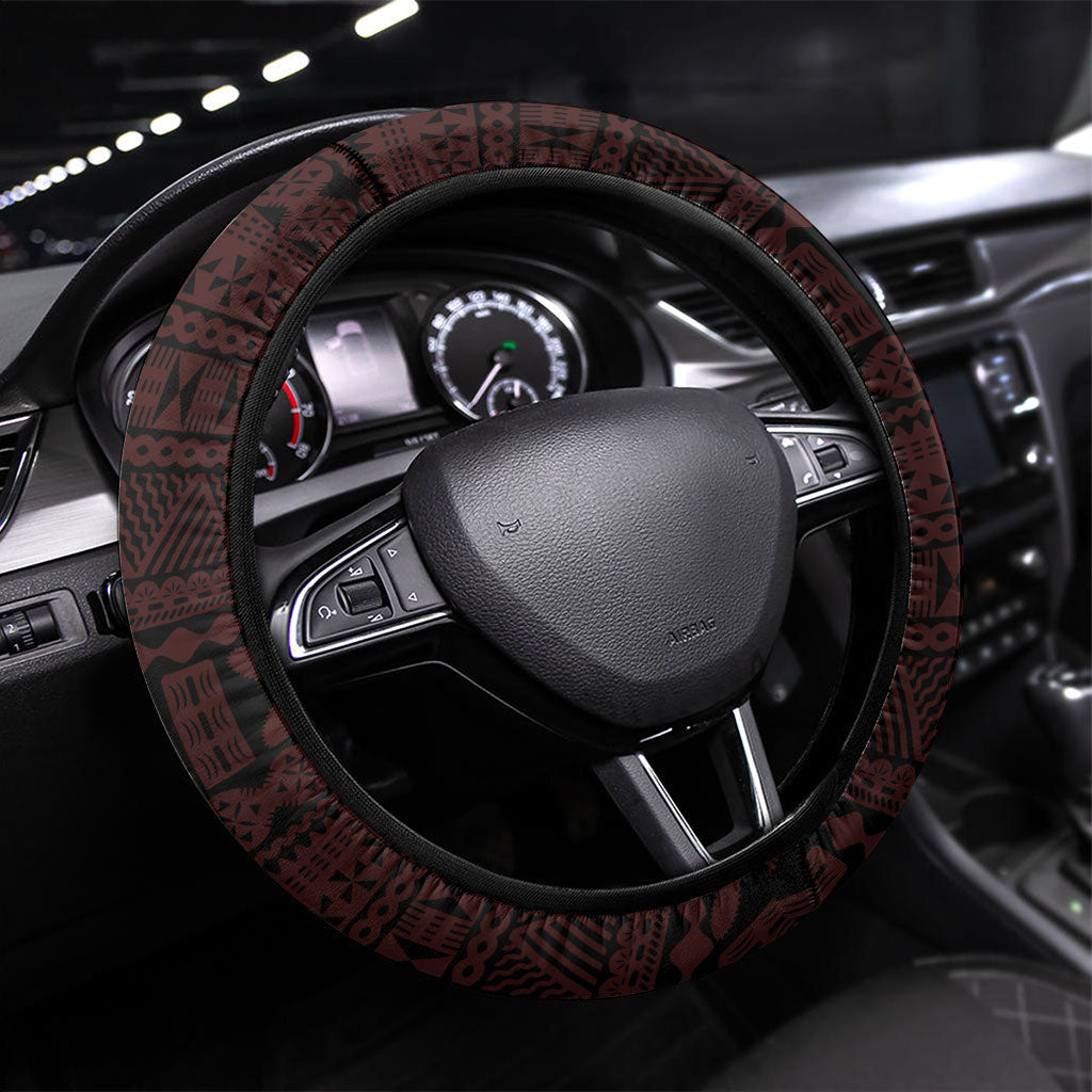 Naitasiri Fiji 2026 Rugby Steering Wheel Cover Highland Warriors Fijian Tapa Pattern LT14 Universal Fit Black - Polynesian Pride