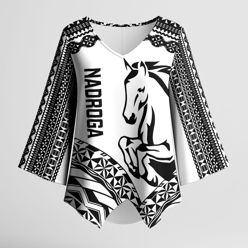 Nadroga Fiji 2026 Rugby Custom Kimono Sleeve Blouse Stallion Fijian Tapa Pattern LT14 Female White - Polynesian Pride