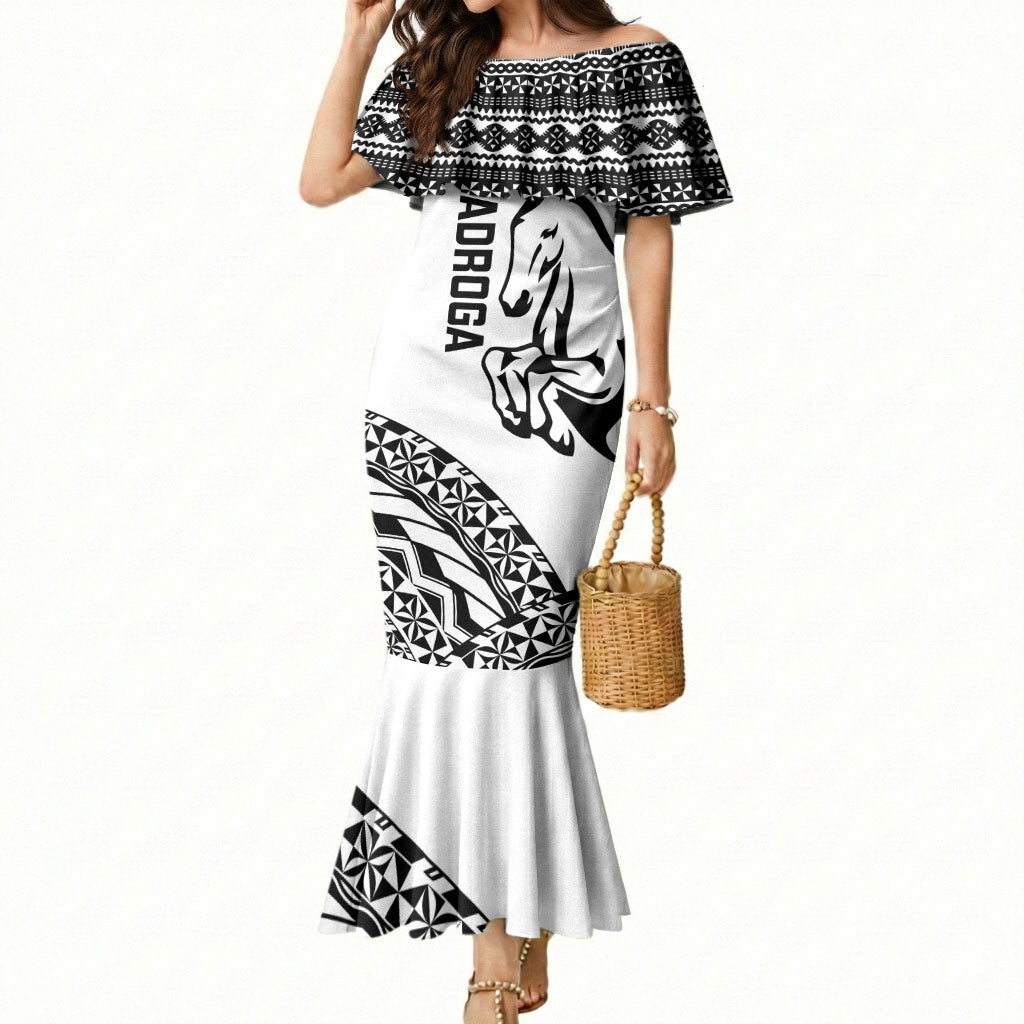 Nadroga Fiji 2026 Rugby Custom Mermaid Dress Stallion Fijian Tapa Pattern LT14 Women White - Polynesian Pride