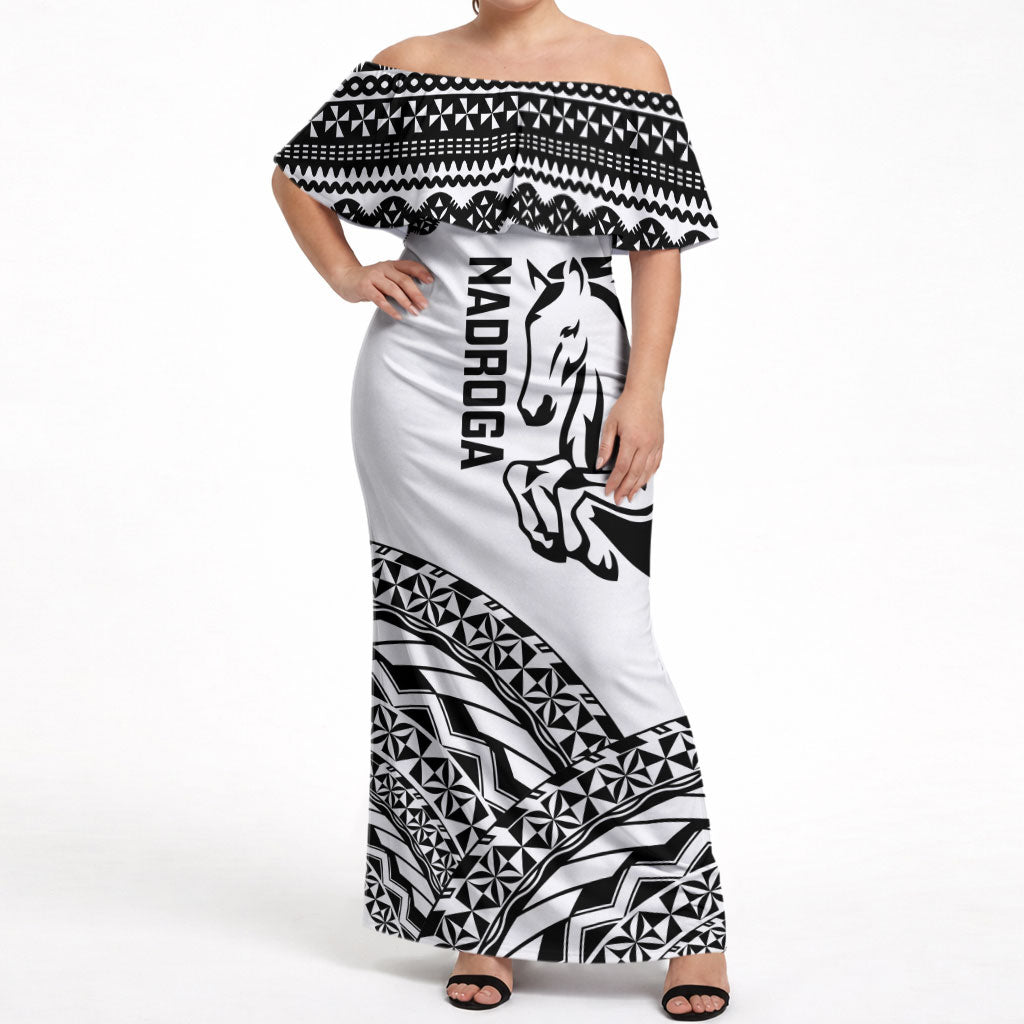 Nadroga Fiji 2026 Rugby Custom Off Shoulder Maxi Dress Stallion Fijian Tapa Pattern LT14 Women White - Polynesian Pride