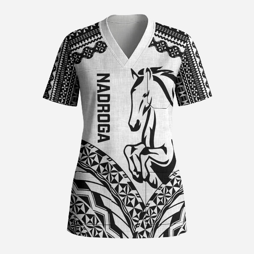 Nadroga Fiji 2026 Rugby Custom Scrub Top Stallion Fijian Tapa Pattern LT14 Adult White - Polynesian Pride