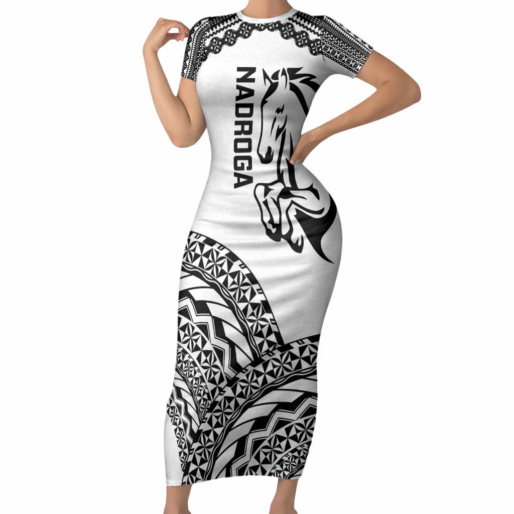 Nadroga Fiji 2026 Rugby Custom Short Sleeve Bodycon Dress Stallion Fijian Tapa Pattern LT14 Long Dress White - Polynesian Pride
