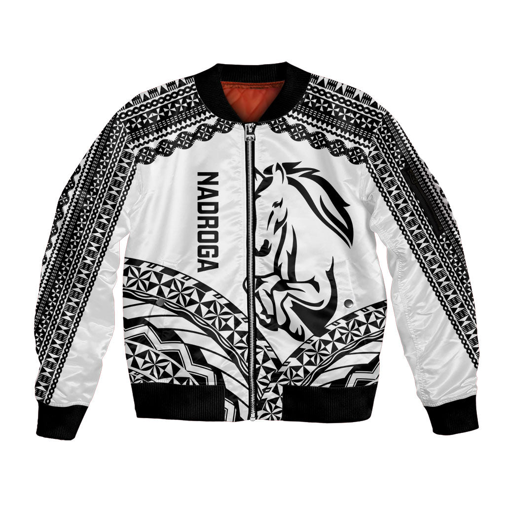Nadroga Fiji 2026 Rugby Custom Sleeve Zip Bomber Jacket Stallion Fijian Tapa Pattern LT14 Unisex White - Polynesian Pride