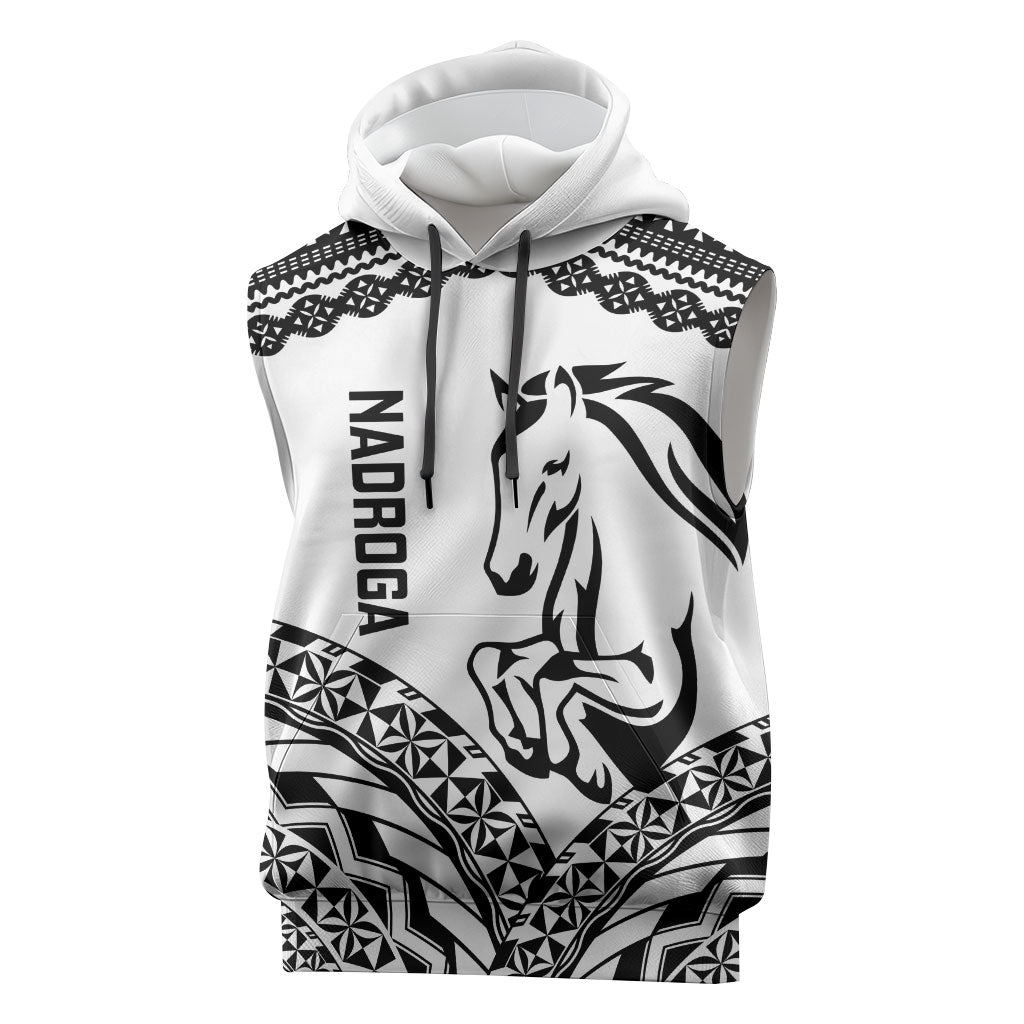 Nadroga Fiji 2026 Rugby Custom Sleeveless Hoodie Stallion Fijian Tapa Pattern LT14 White - Polynesian Pride