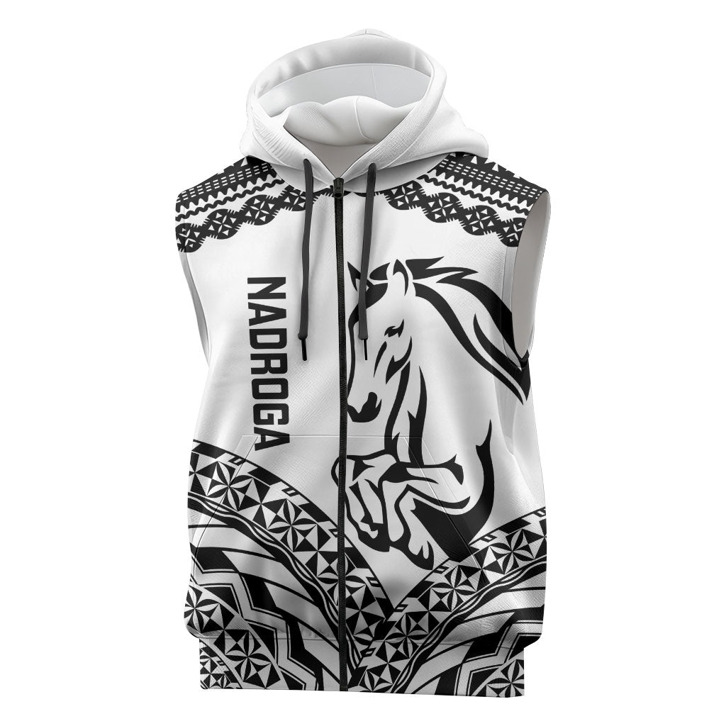 Nadroga Fiji 2026 Rugby Custom Sleeveless Zip Hoodie Stallion Fijian Tapa Pattern LT14 White - Polynesian Pride