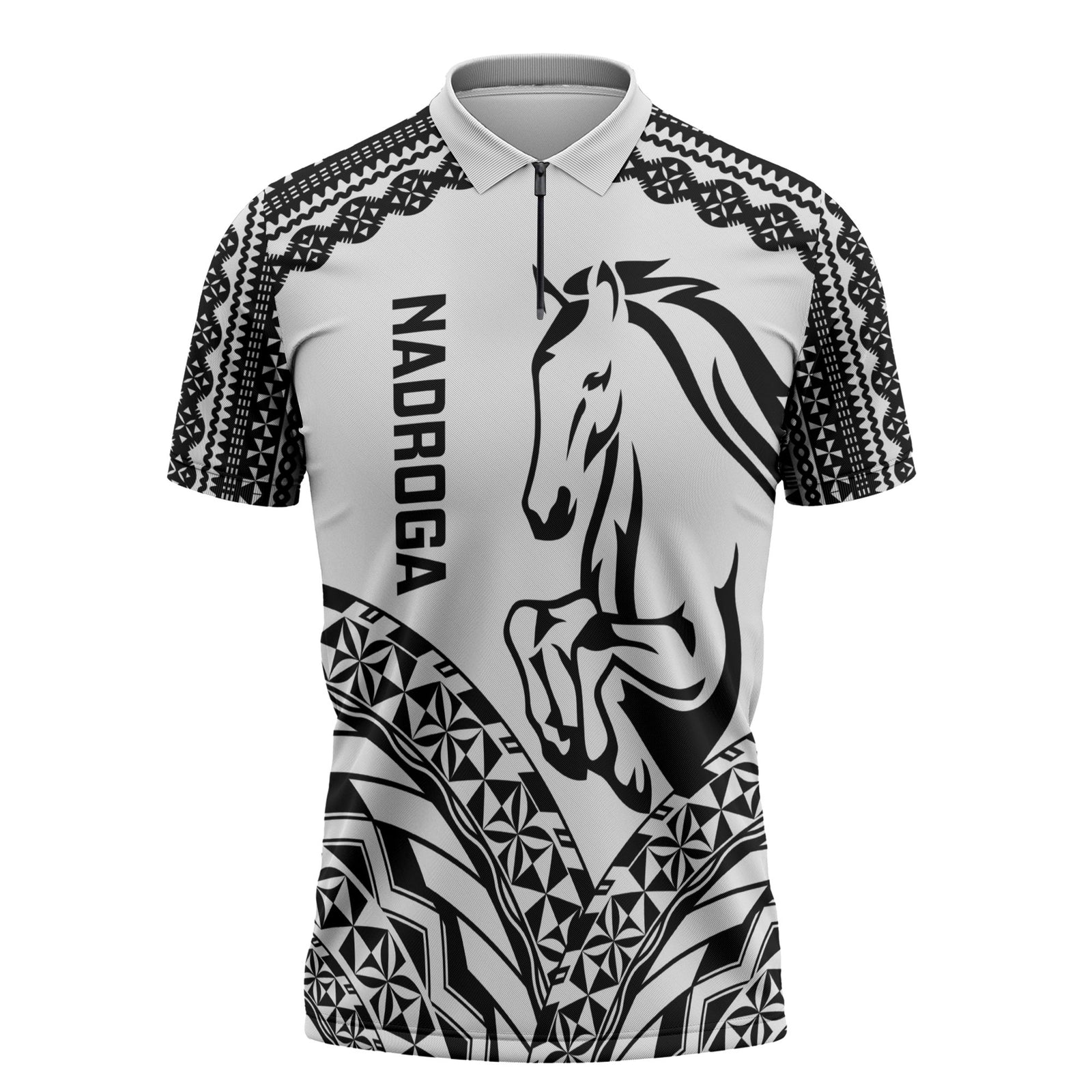 Nadroga Fiji 2026 Rugby Custom Zipper Polo Shirt Stallion Fijian Tapa Pattern LT14 White - Polynesian Pride