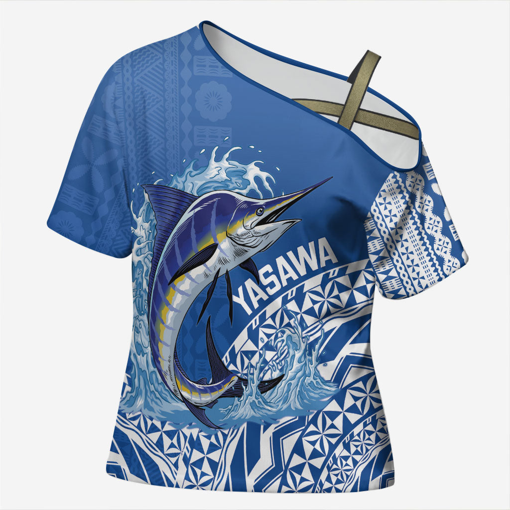 Yasawa Fiji 2026 Rugby Custom Cross Shoulder Shirt Marlin Fijian Tapa Pattern LT14 Female Blue - Polynesian Pride
