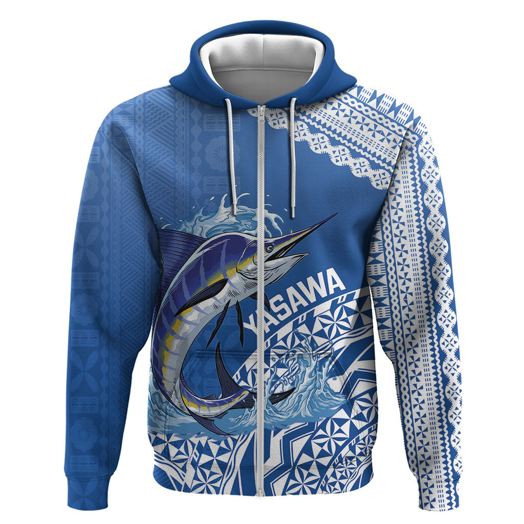 Yasawa Fiji 2026 Rugby Custom Hoodie Marlin Fijian Tapa Pattern LT14 Zip Hoodie Blue - Polynesian Pride