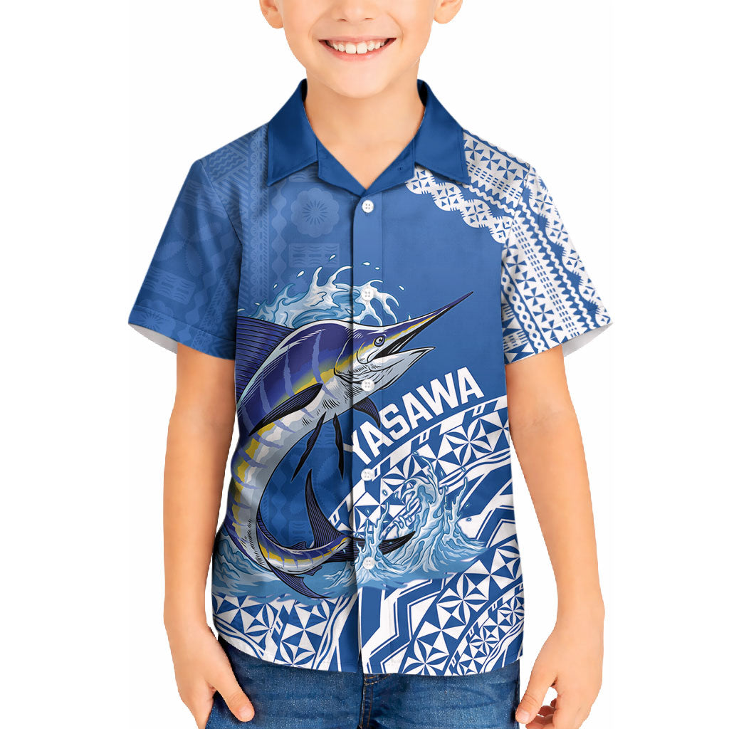 Yasawa Fiji 2026 Rugby Custom Kid Hawaiian Shirt Marlin Fijian Tapa Pattern LT14 Kid Blue - Polynesian Pride