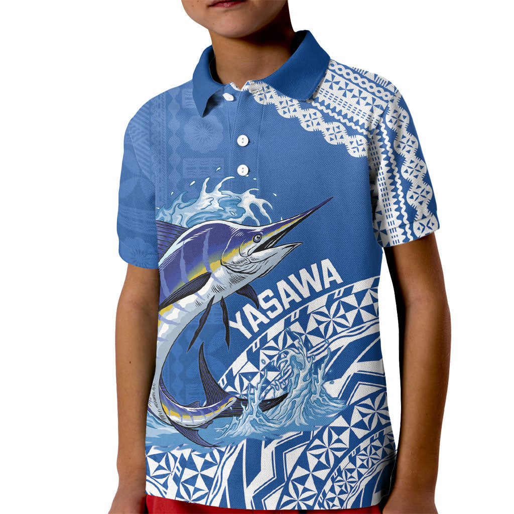 Yasawa Fiji 2026 Rugby Custom Kid Polo Shirt Marlin Fijian Tapa Pattern LT14 Kid Blue - Polynesian Pride