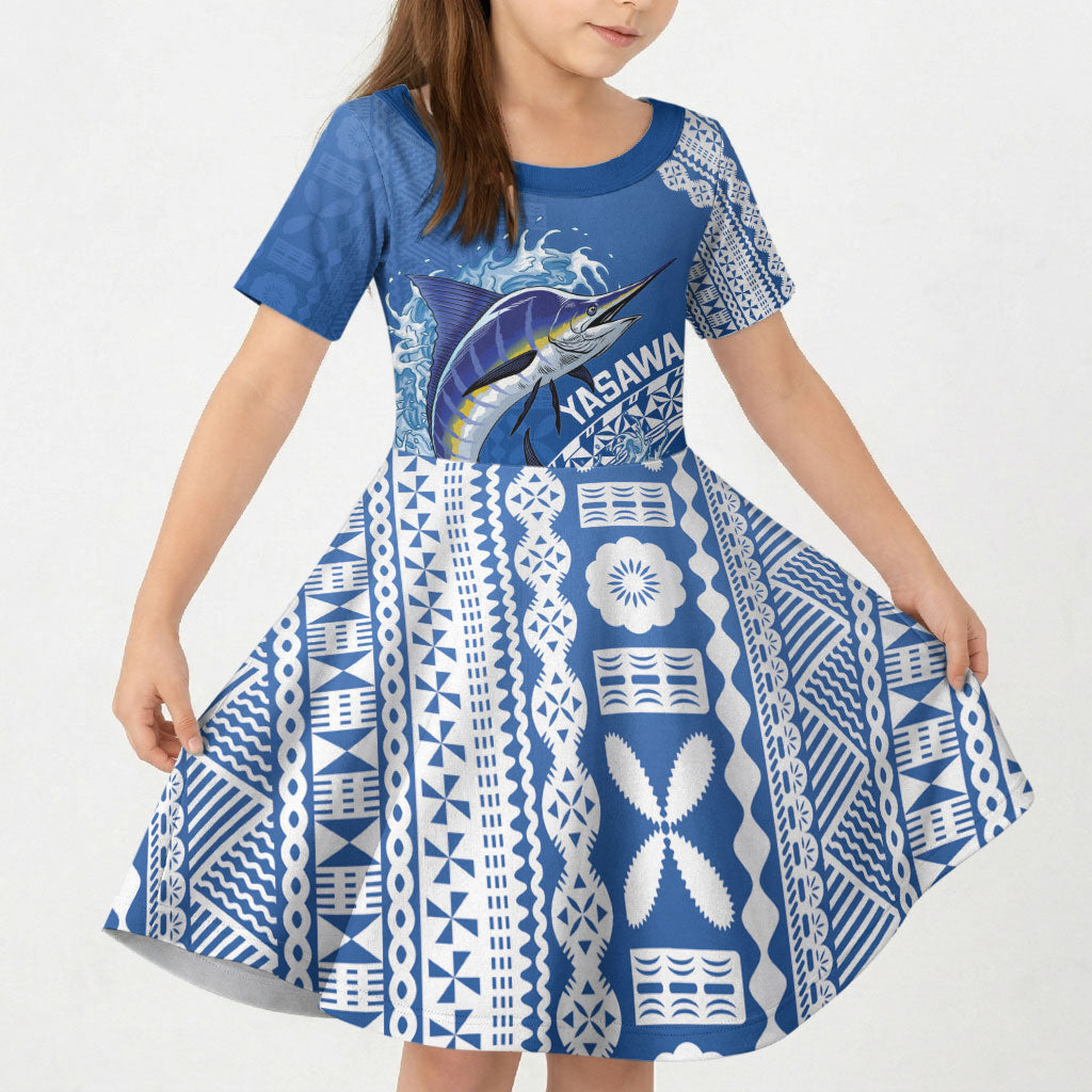 Yasawa Fiji 2026 Rugby Custom Kid Short Sleeve Dress Marlin Fijian Tapa Pattern LT14 KID Blue - Polynesian Pride