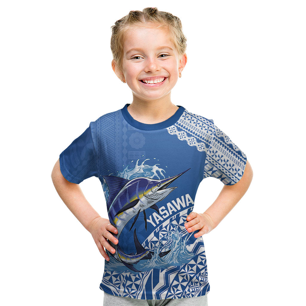 Yasawa Fiji 2026 Rugby Custom Kid T Shirt Marlin Fijian Tapa Pattern LT14 Blue - Polynesian Pride