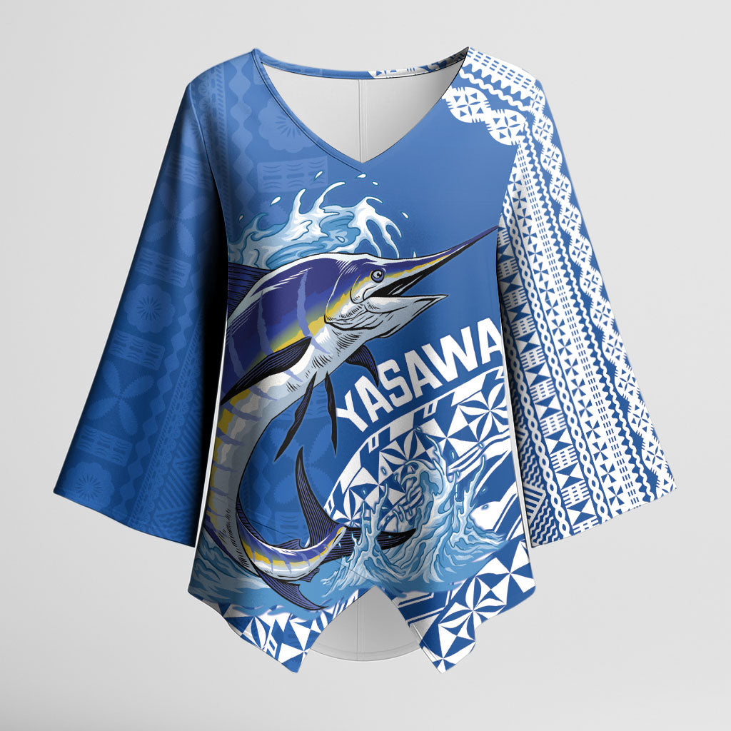 Yasawa Fiji 2026 Rugby Custom Kimono Sleeve Blouse Marlin Fijian Tapa Pattern LT14 Female Blue - Polynesian Pride