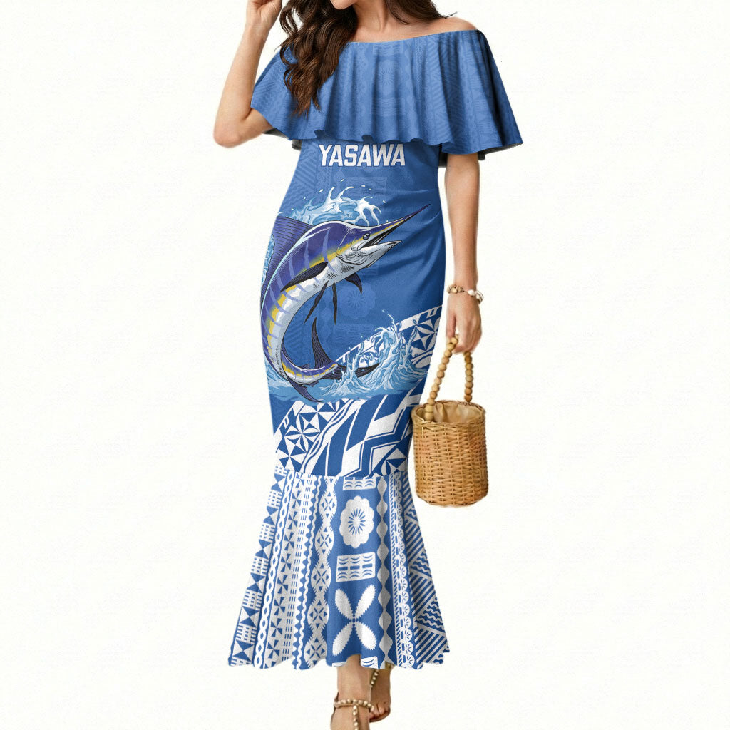 Yasawa Fiji 2026 Rugby Custom Mermaid Dress Marlin Fijian Tapa Pattern LT14 Women Blue - Polynesian Pride