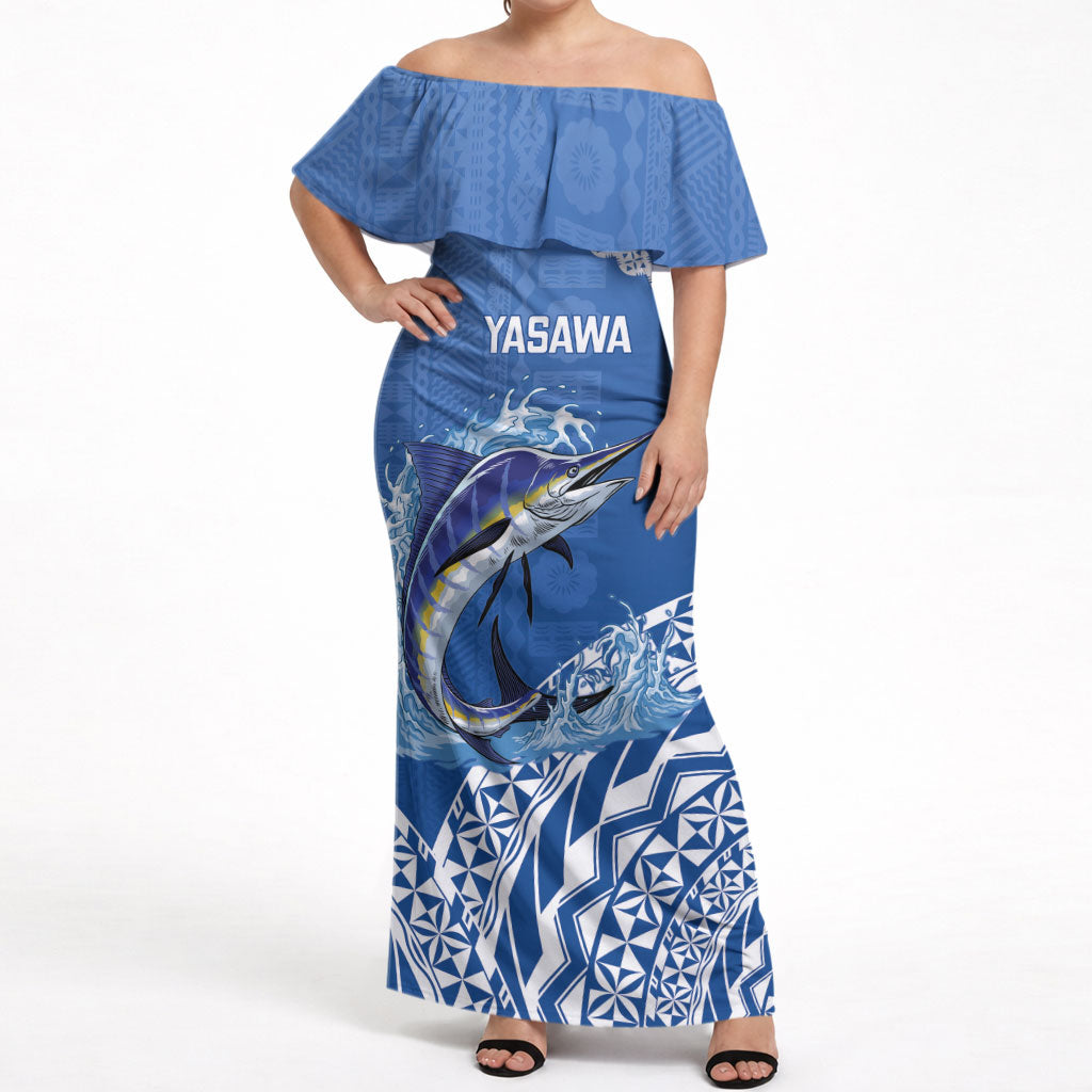 Yasawa Fiji 2026 Rugby Custom Off Shoulder Maxi Dress Marlin Fijian Tapa Pattern LT14 Women Blue - Polynesian Pride
