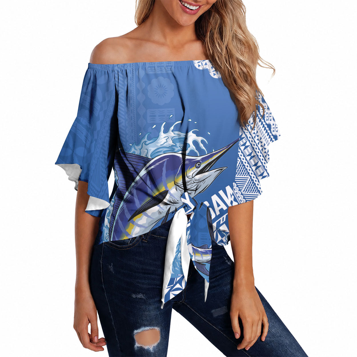 Yasawa Fiji 2026 Rugby Custom Off Shoulder Wrap Waist Top Marlin Fijian Tapa Pattern LT14 Blue - Polynesian Pride
