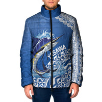Yasawa Fiji 2026 Rugby Custom Padded Jacket Marlin Fijian Tapa Pattern LT14 Men Blue - Polynesian Pride