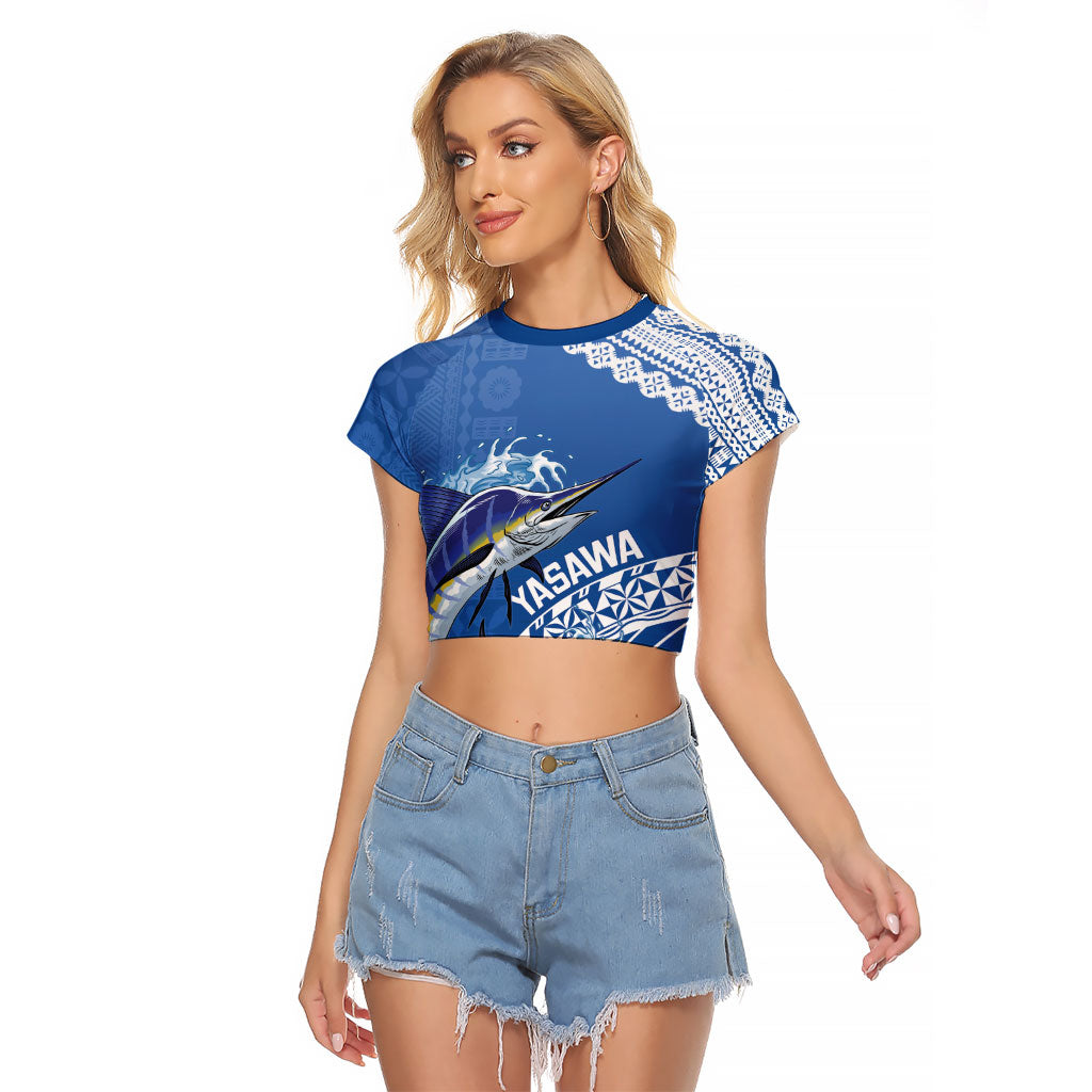 Yasawa Fiji 2026 Rugby Custom Raglan Cropped T Shirt Marlin Fijian Tapa Pattern LT14 Female Blue - Polynesian Pride