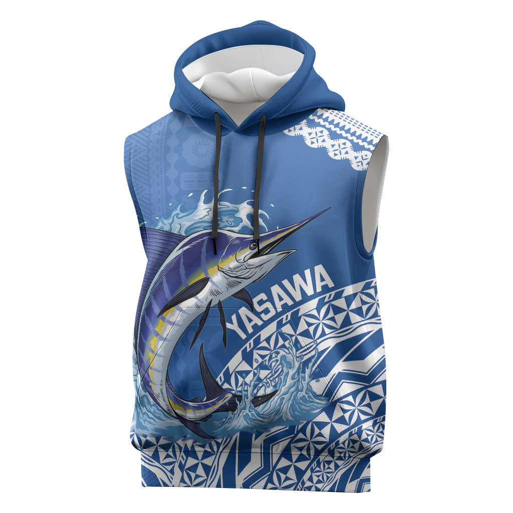 Yasawa Fiji 2026 Rugby Custom Sleeveless Hoodie Marlin Fijian Tapa Pattern LT14 Blue - Polynesian Pride