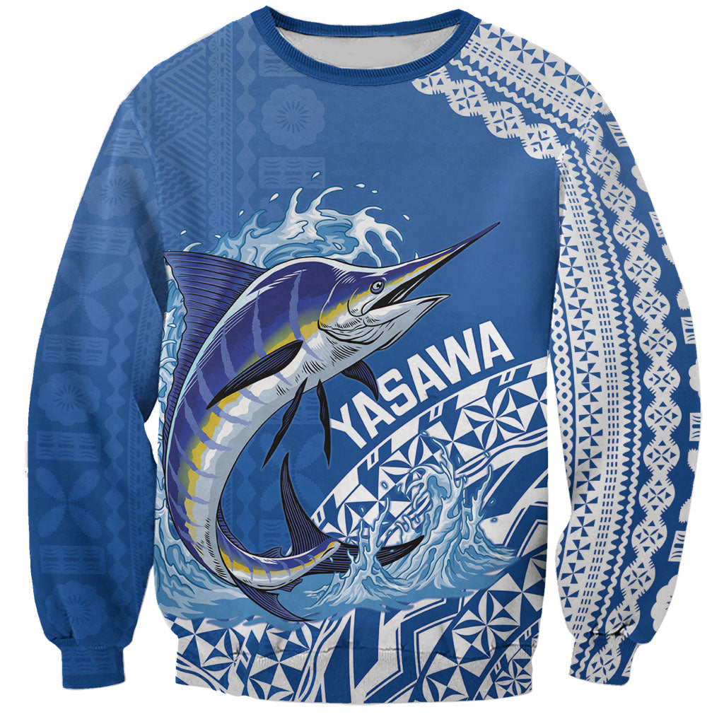 Yasawa Fiji 2026 Rugby Custom Sweatshirt Marlin Fijian Tapa Pattern LT14 Unisex Blue - Polynesian Pride