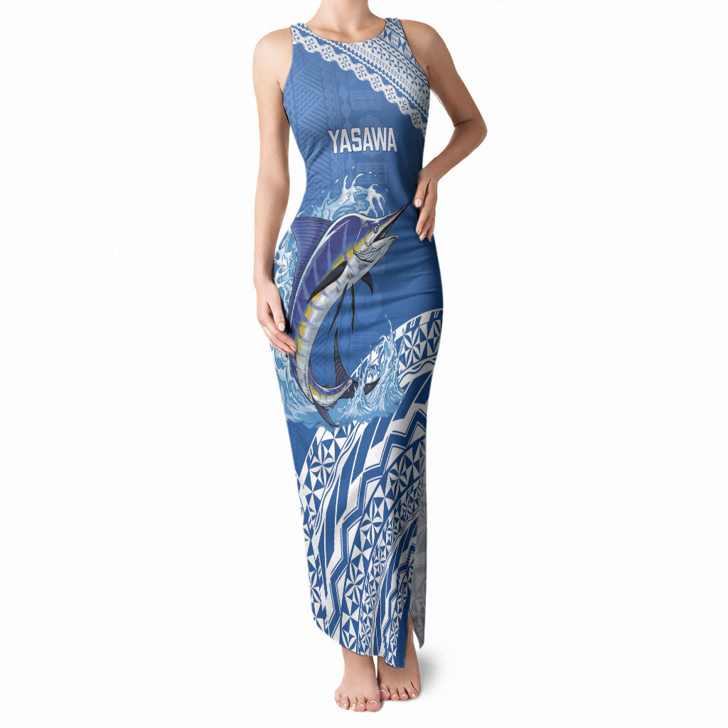 Yasawa Fiji 2026 Rugby Custom Tank Maxi Dress Marlin Fijian Tapa Pattern LT14 Women Blue - Polynesian Pride