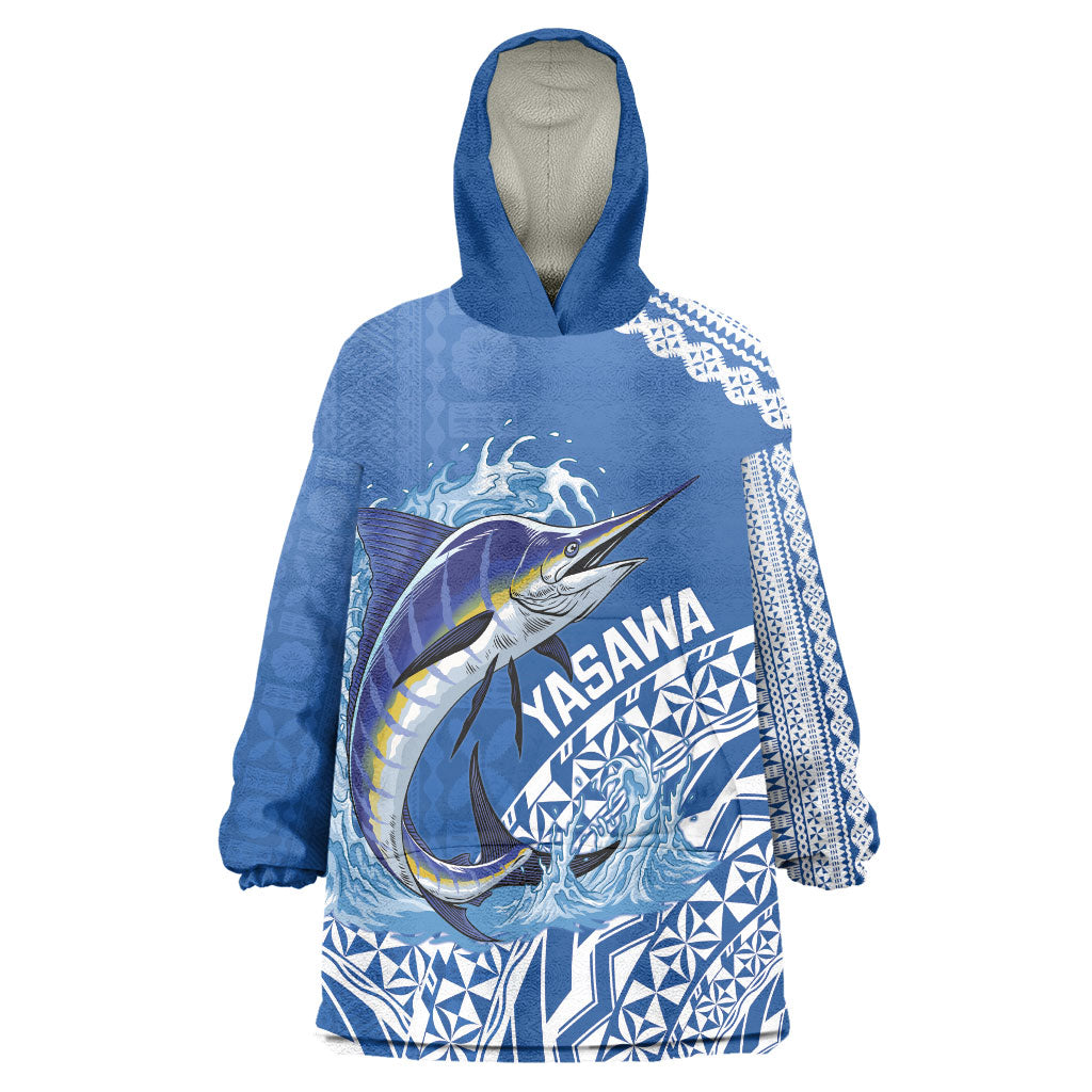 Yasawa Fiji 2026 Rugby Custom Wearable Blanket Hoodie Marlin Fijian Tapa Pattern LT14 One Size Blue - Polynesian Pride