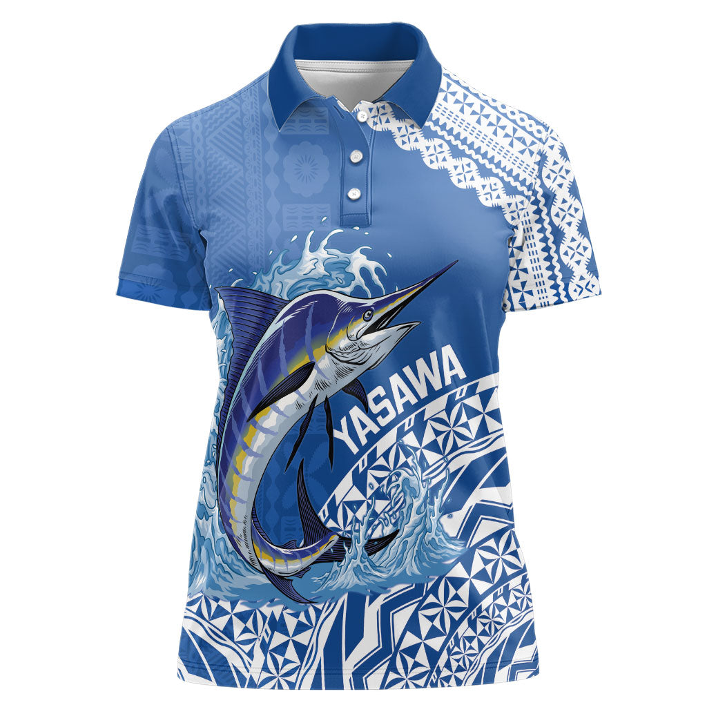 Yasawa Fiji 2026 Rugby Custom Women Polo Shirt Marlin Fijian Tapa Pattern LT14 Female Blue - Polynesian Pride