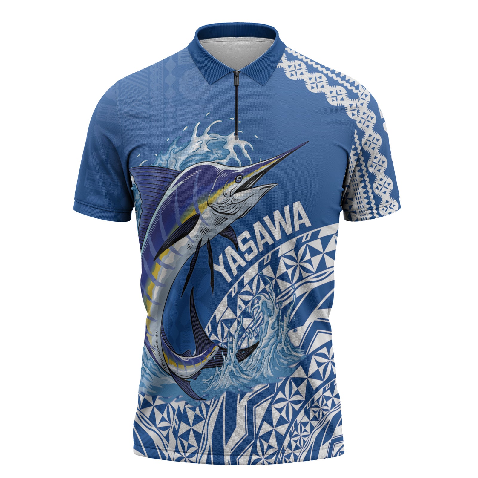 Yasawa Fiji 2026 Rugby Custom Zipper Polo Shirt Marlin Fijian Tapa Pattern LT14 Blue - Polynesian Pride