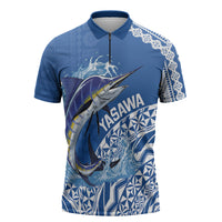 Yasawa Fiji 2026 Rugby Custom Zipper Polo Shirt Marlin Fijian Tapa Pattern LT14 Blue - Polynesian Pride