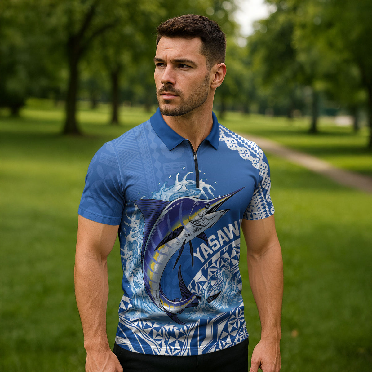 Yasawa Fiji 2026 Rugby Custom Zipper Polo Shirt Marlin Fijian Tapa Pattern LT14 - Polynesian Pride