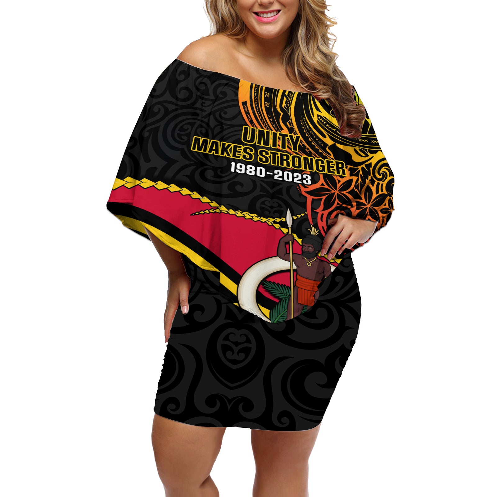 Personalised Vanuatu Unity Day Off Shoulder Short Dress 29 November Coat Of Arms With Flag Style LT14 Women Black - Polynesian Pride