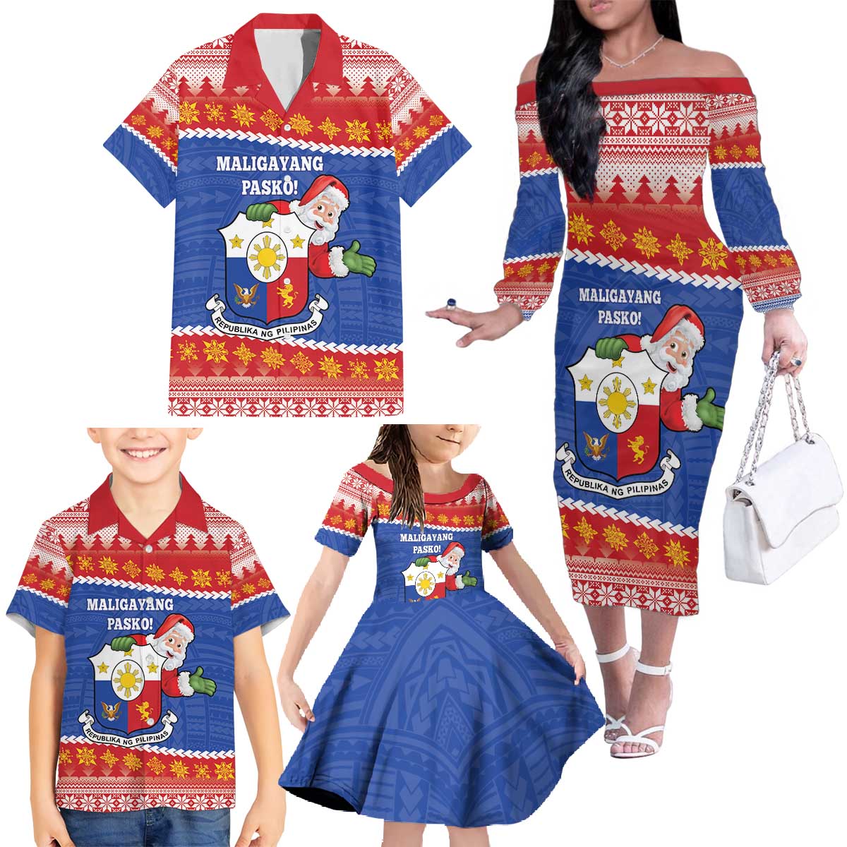 Personalized The Philippines Christmas Family Matching Off The Shoulder Long Sleeve Dress and Hawaiian Shirt Pilipinas Parol - Maligayang Pasko!