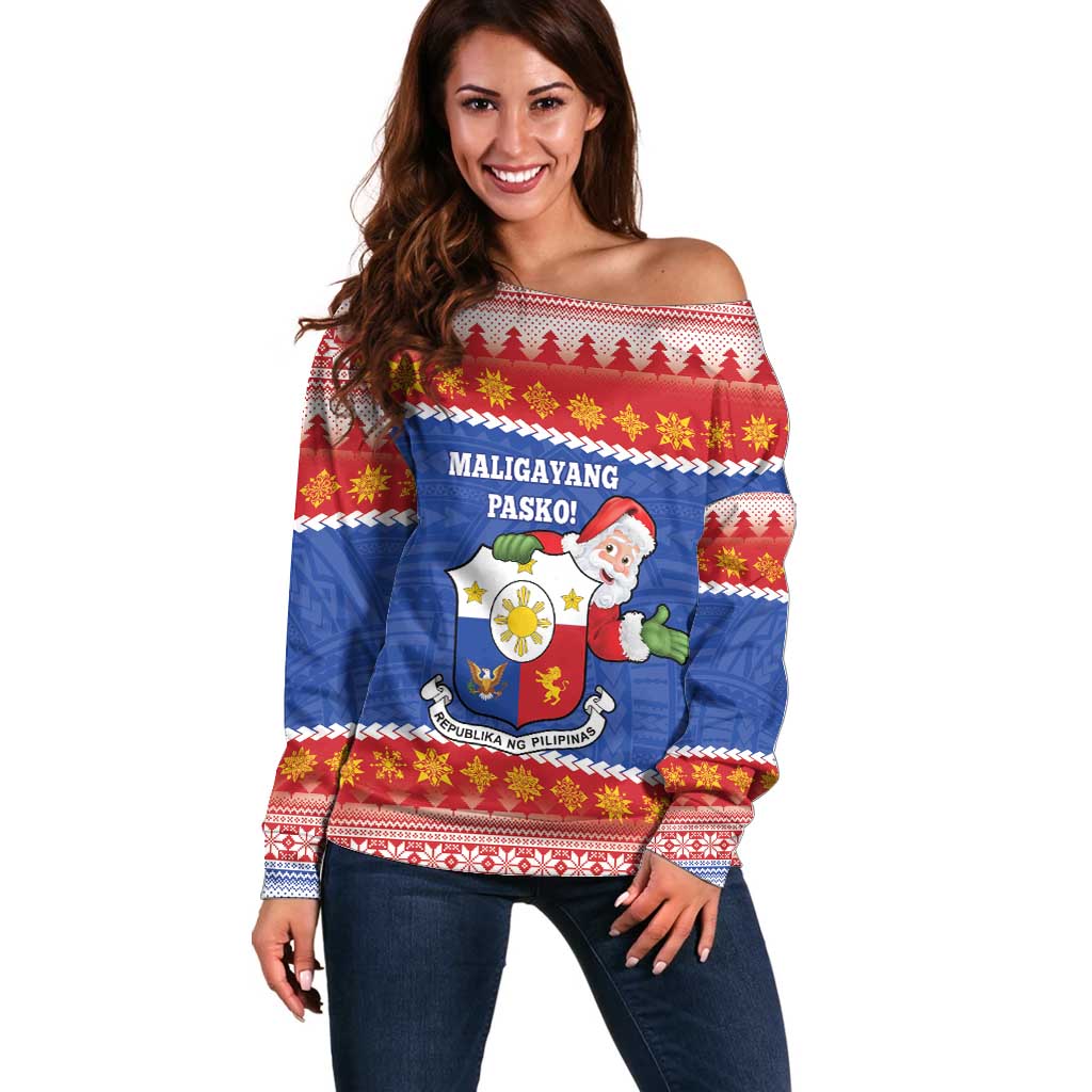 Personalized The Philippines Christmas Off Shoulder Sweater Pilipinas Parol - Maligayang Pasko! LT14 Women Blue - Polynesian Pride