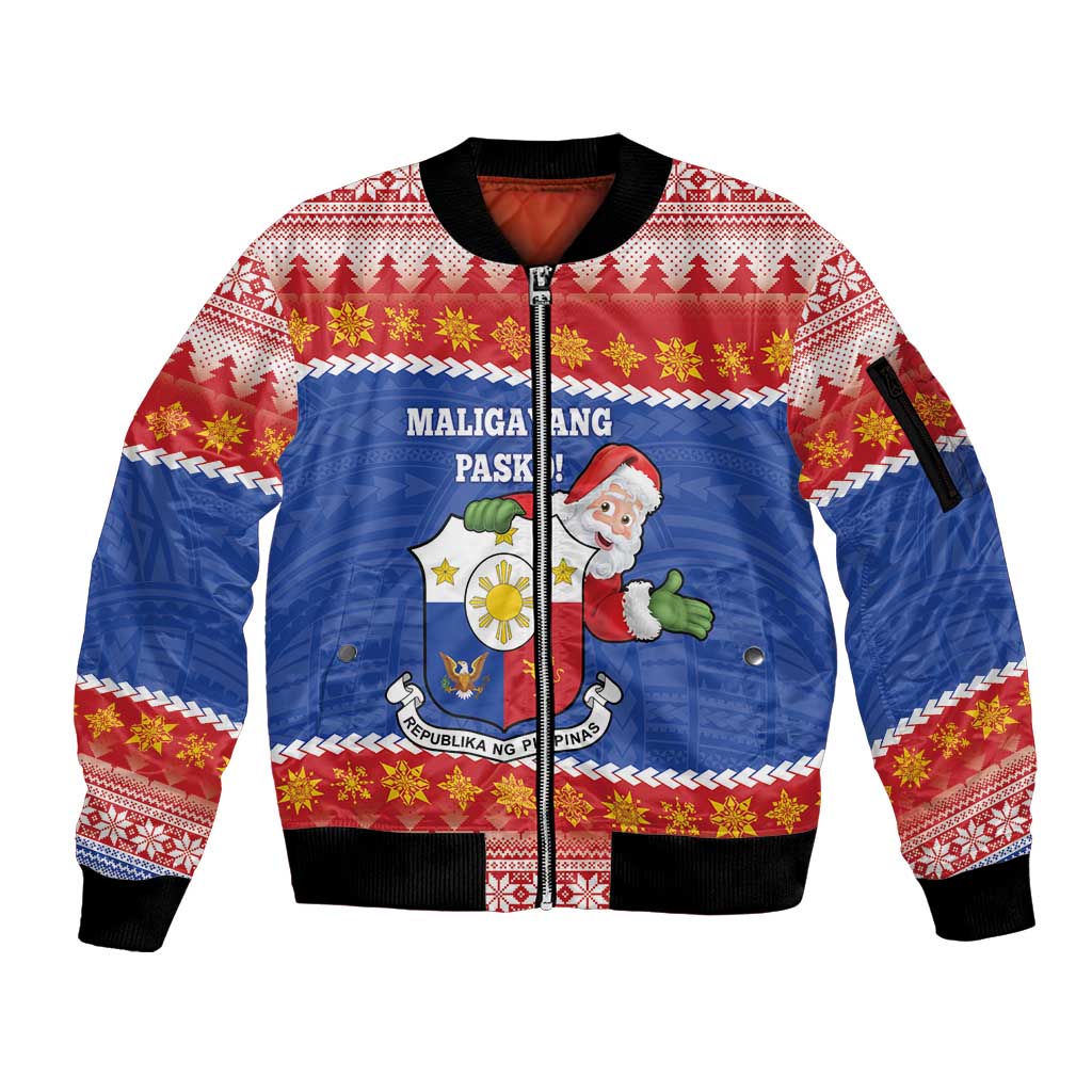 Personalized The Philippines Christmas Sleeve Zip Bomber Jacket Pilipinas Parol - Maligayang Pasko! LT14 Unisex Blue - Polynesian Pride