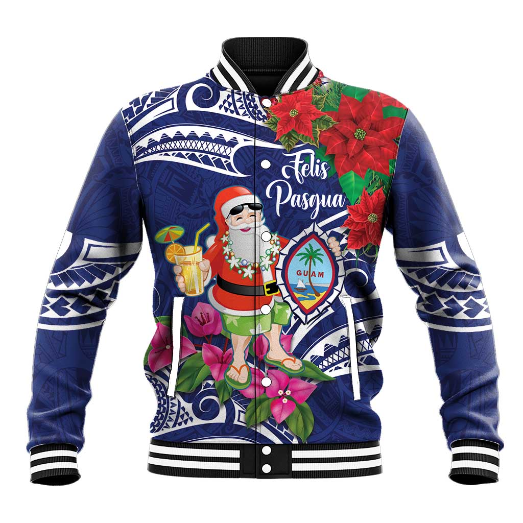 Guam Christmas Baseball Jacket Poinsettia With Bougainvillea - Felis Pasgua! LT14 Unisex Blue - Polynesian Pride